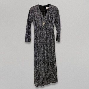 Vintage Sandy Lane Maxi Dress Disco Deep V-Neck Tie-Back Metallic Black/Silver M